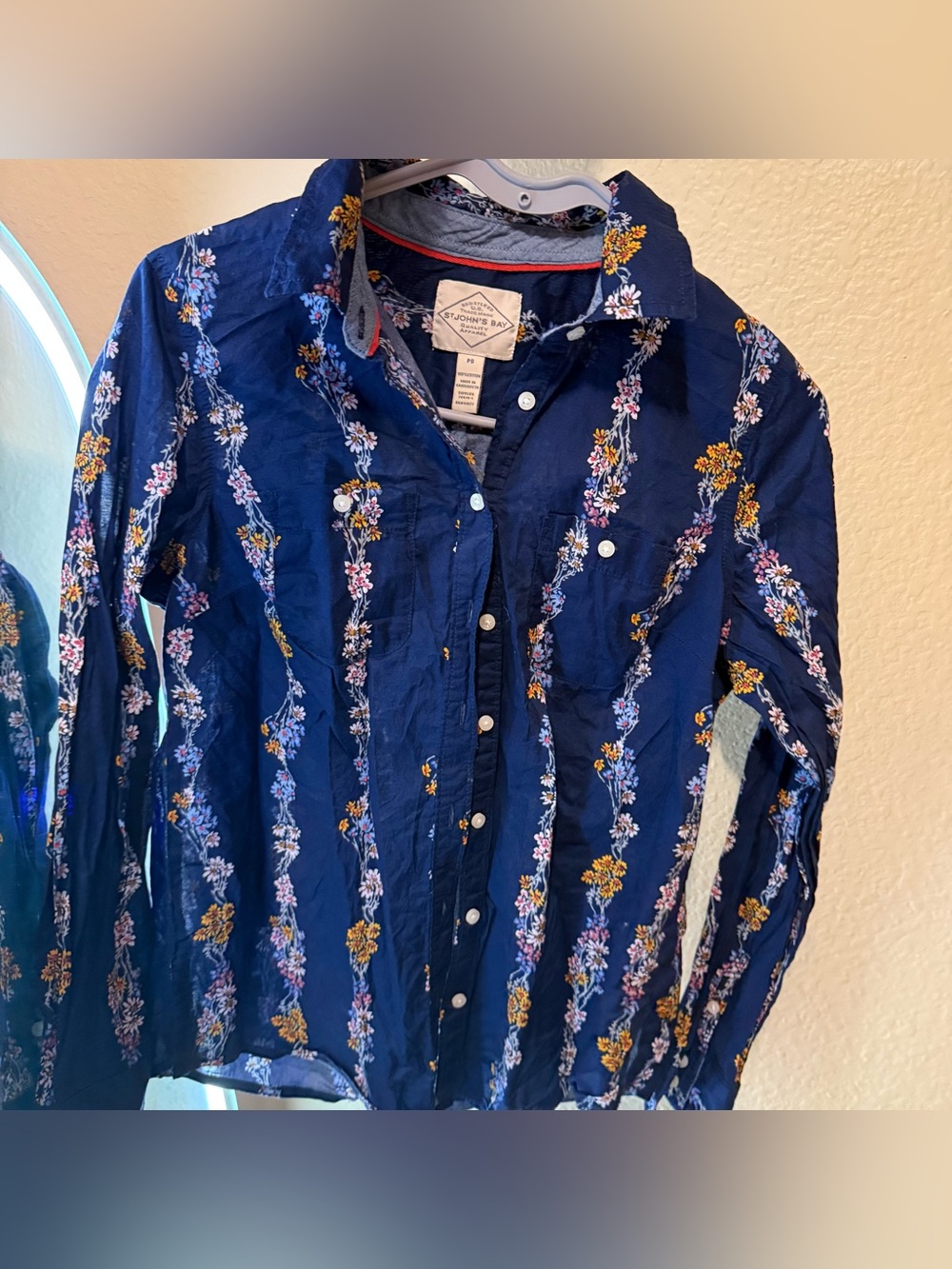 St. John's Bay Navy Floral Button Front Shirt with Coral Trim